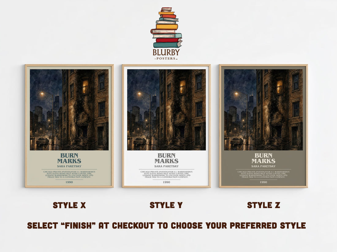 Burn Marks bookish print in frame leaning in hallway – crime wall art (mockup)