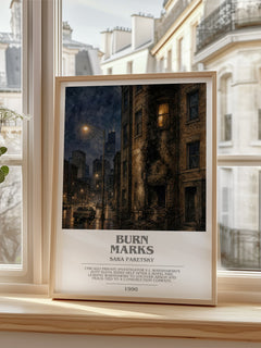 Burn Marks bookish poster colour and style options – Sara Paretsky book art
