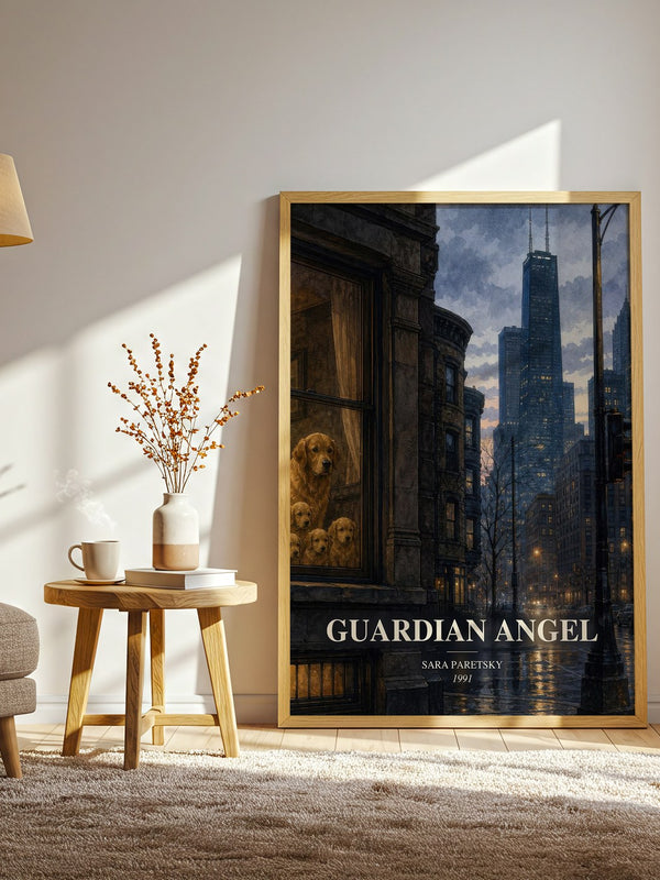 Guardian Angel watercolour print in frame leaning in hallway – crime wall art