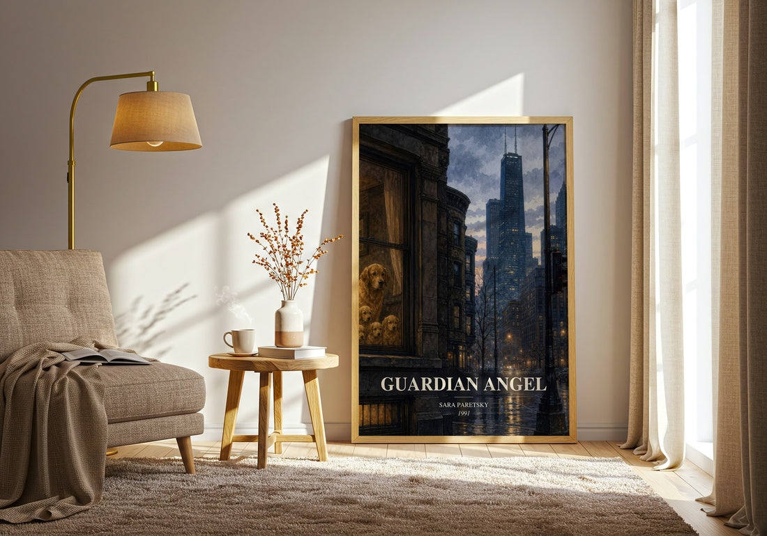 Guardian Angel watercolour print in frame leaning in hallway – crime wall art (mockup)