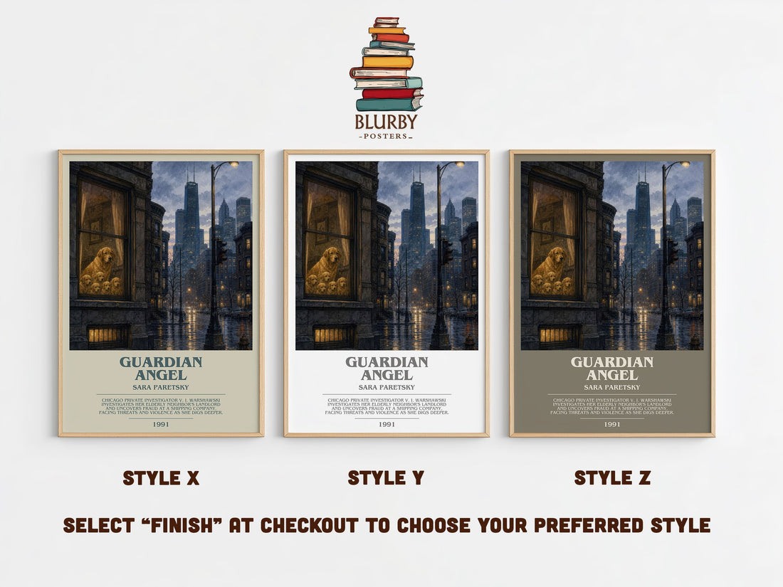 Guardian Angel bookish print in frame leaning in hallway – crime wall art (mockup)