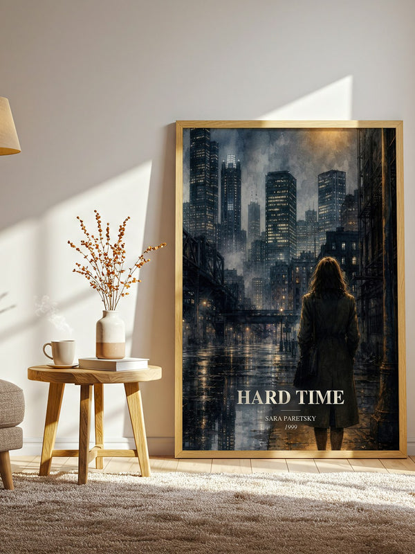 Hard Time watercolour print in frame leaning in hallway – crime wall art
