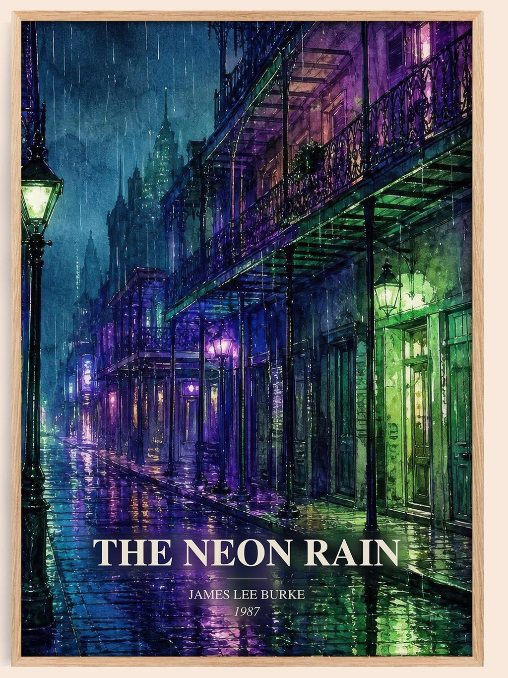 The Neon Rain watercolour book poster by James Lee Burke – framed literary art print
