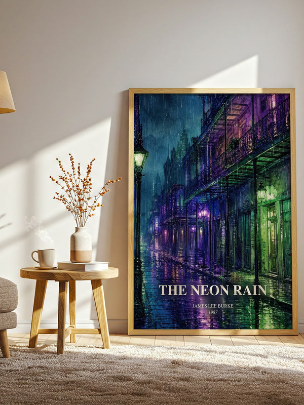 The Neon Rain watercolour print in frame leaning in hallway – crime wall art