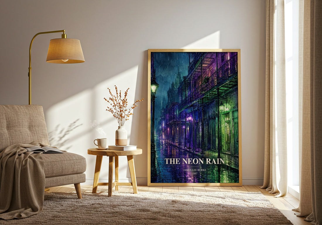 The Neon Rain watercolour print in frame leaning in hallway – crime wall art (mockup)