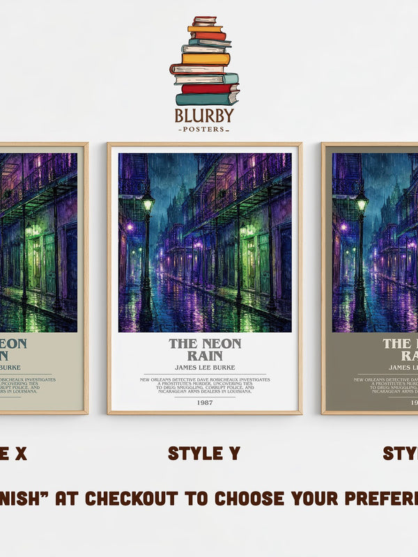 The Neon Rain bookish print in frame leaning in hallway – crime wall art