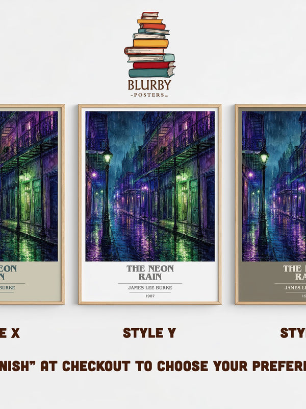 The Neon Rain book cover print in frame leaning in hallway – crime wall art