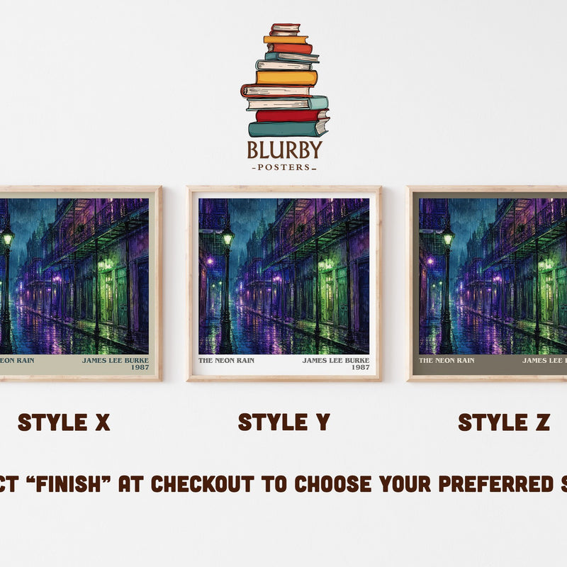 The Neon Rain literary print in frame leaning in hallway – crime wall art