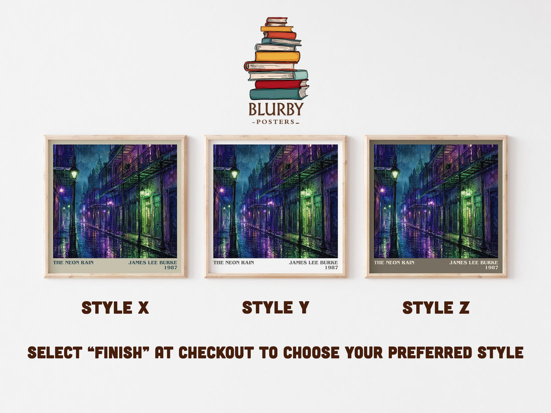 The Neon Rain literary print in frame leaning in hallway – crime wall art (mockup)