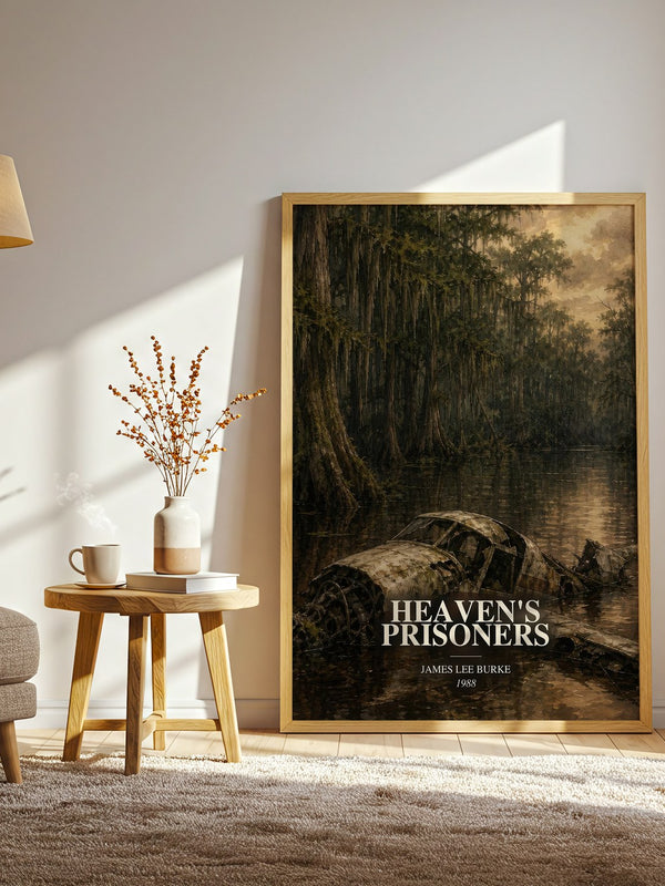 Heaven's Prisoners watercolour print in frame leaning in hallway – crime wall art