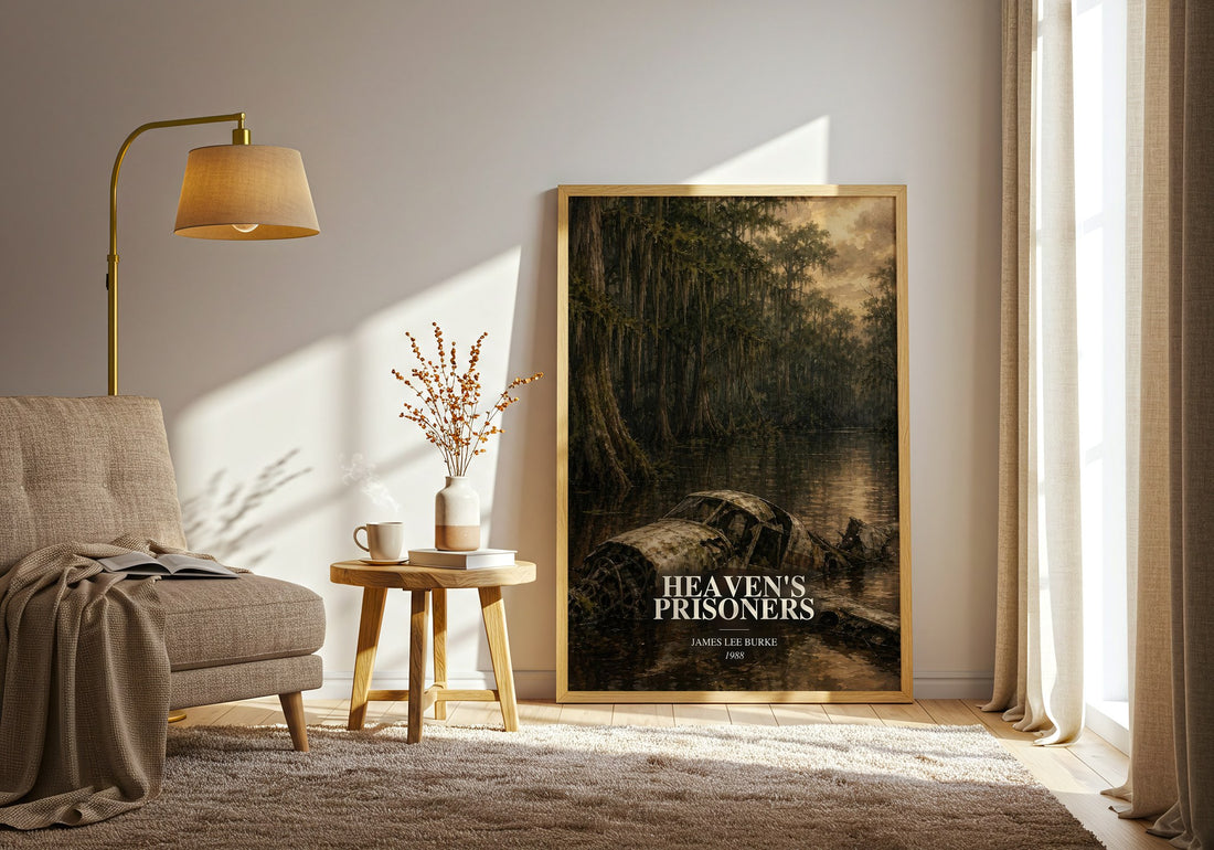 Heaven's Prisoners watercolour print in frame leaning in hallway – crime wall art (mockup)