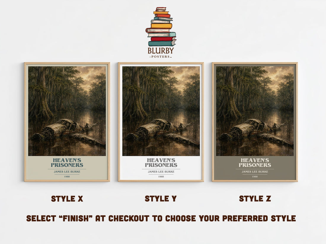 Heaven's Prisoners book cover print in frame leaning in hallway – crime wall art (mockup)
