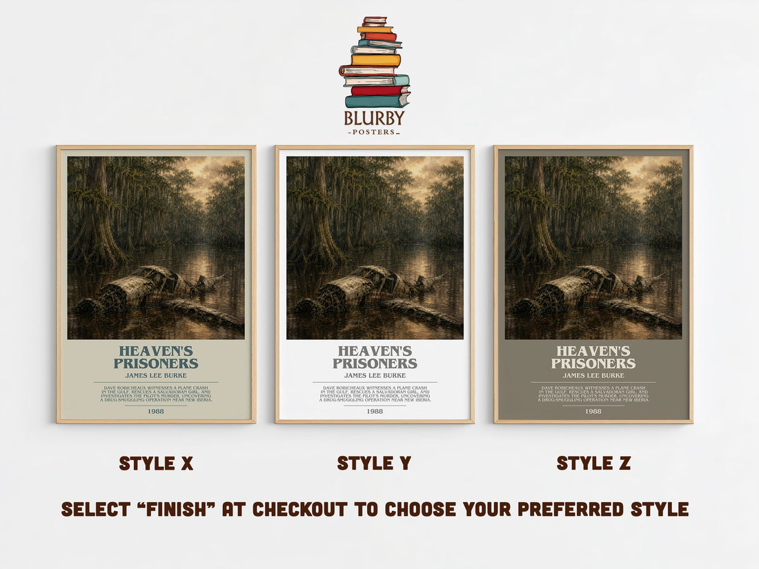 Heaven's Prisoners bookish print in frame leaning in hallway – crime wall art (mockup)