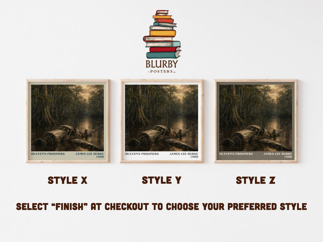 Heaven's Prisoners literary print in frame leaning in hallway – crime wall art (mockup)