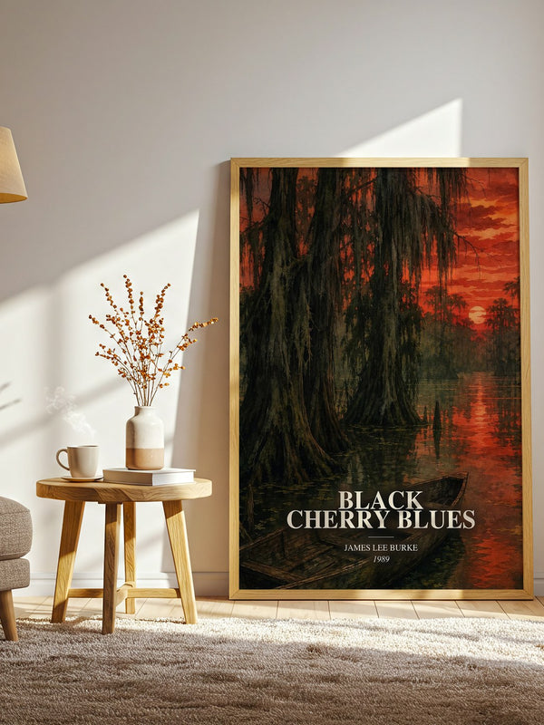 Black Cherry Blues watercolour print in frame leaning in hallway – crime wall art