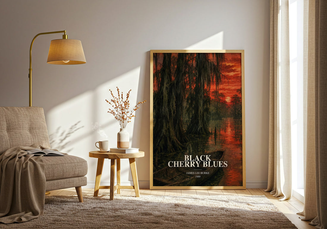 Black Cherry Blues watercolour print in frame leaning in hallway – crime wall art (mockup)
