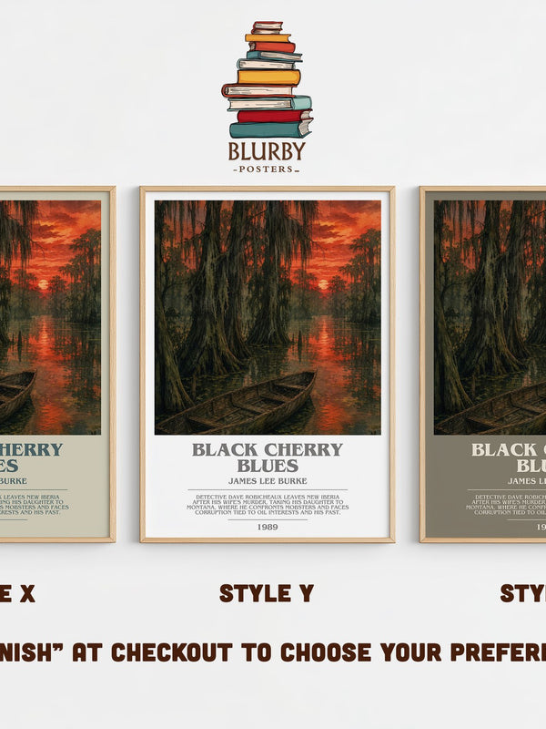 Black Cherry Blues bookish print in frame leaning in hallway – crime wall art
