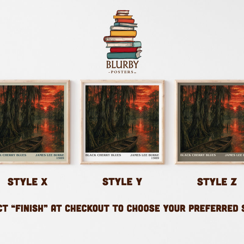 Black Cherry Blues literary print in frame leaning in hallway – crime wall art