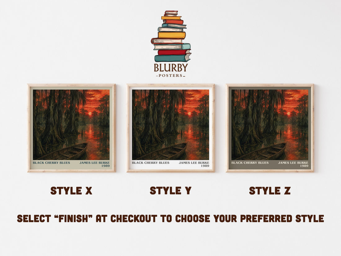 Black Cherry Blues literary print in frame leaning in hallway – crime wall art (mockup)