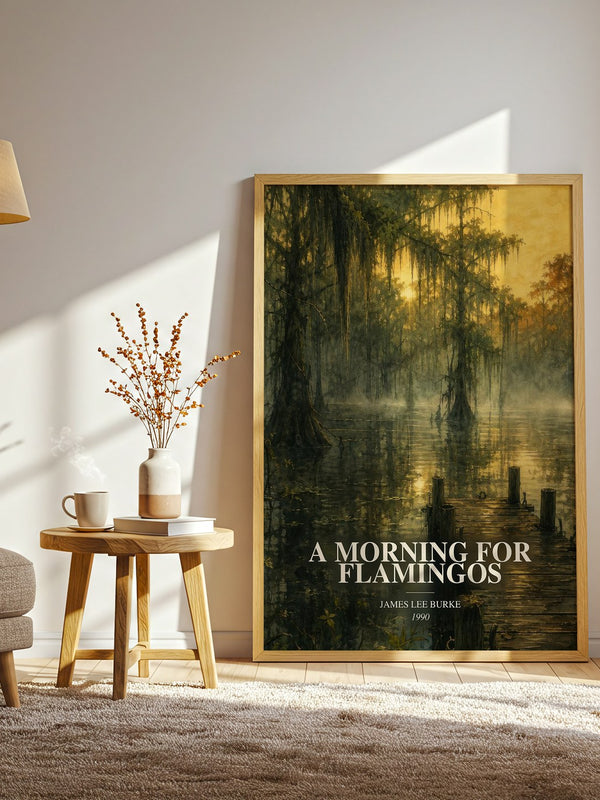 A Morning for Flamingos watercolour print in frame leaning in hallway – crime wall art