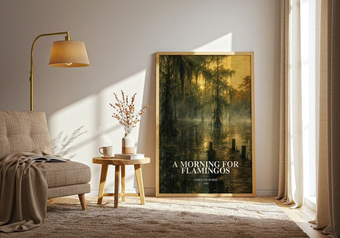 A Morning for Flamingos watercolour print in frame leaning in hallway – crime wall art (mockup)