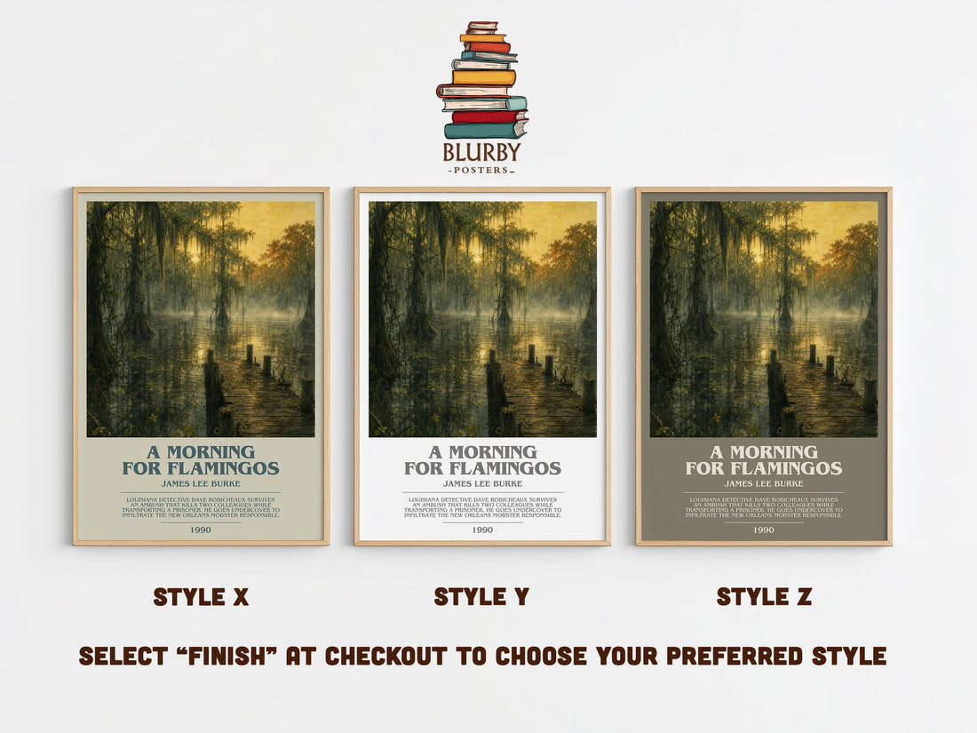 A Morning for Flamingos bookish print in frame leaning in hallway – crime wall art (mockup)