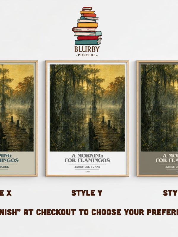 A Morning for Flamingos book cover print in frame leaning in hallway – crime wall art