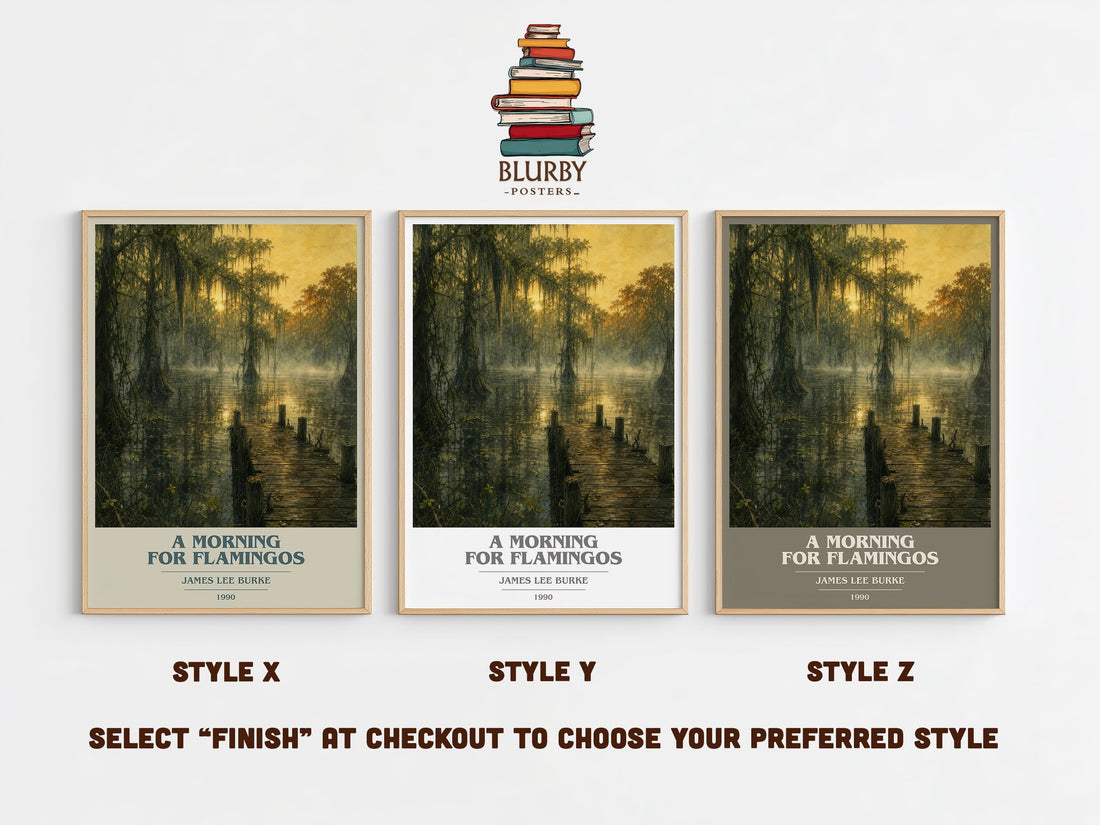 A Morning for Flamingos book cover print in frame leaning in hallway – crime wall art (mockup)