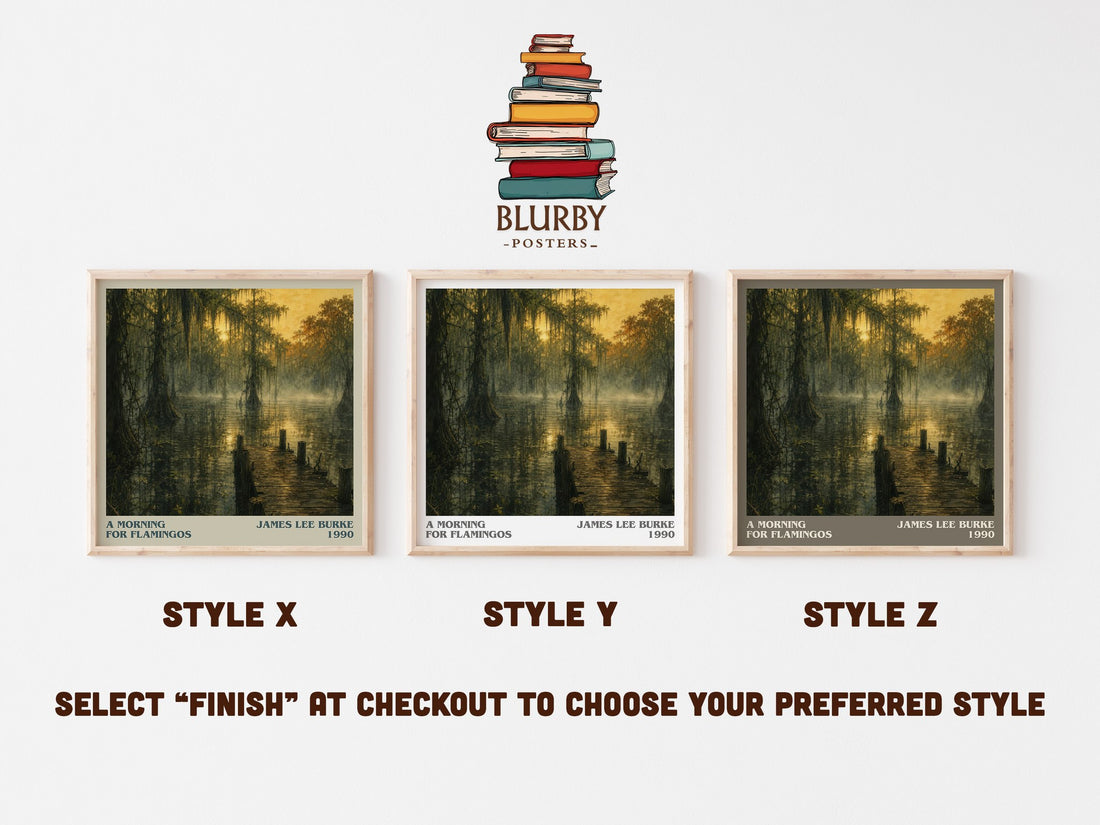 A Morning for Flamingos literary print in frame leaning in hallway – crime wall art (mockup)