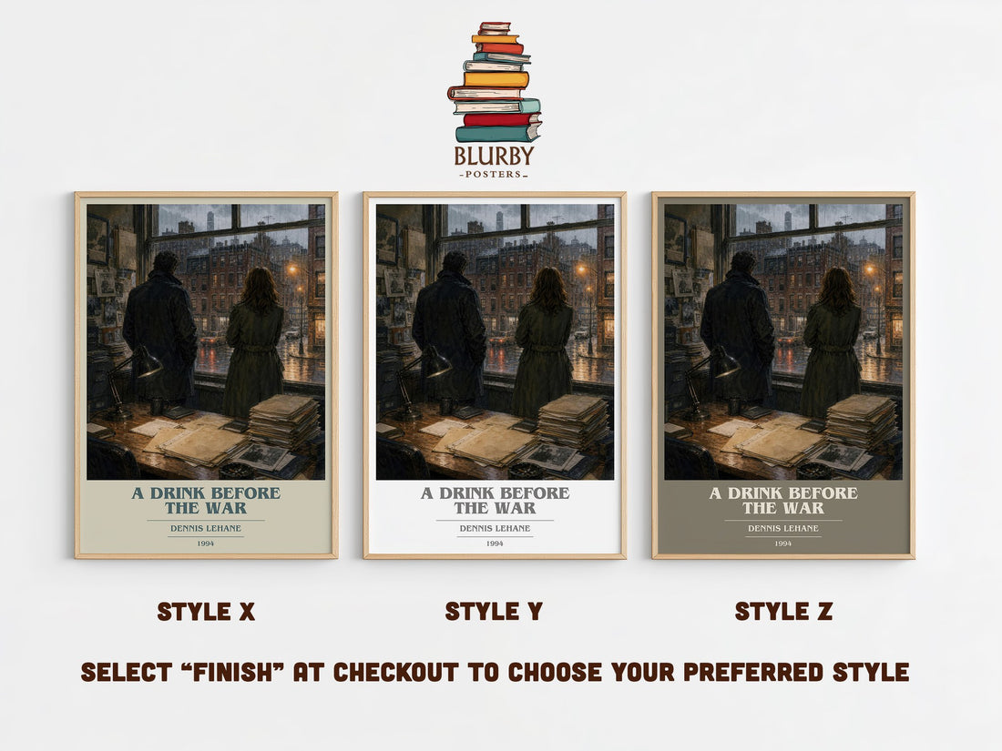 A Drink Before the War book cover print in frame leaning in hallway – crime wall art (mockup)