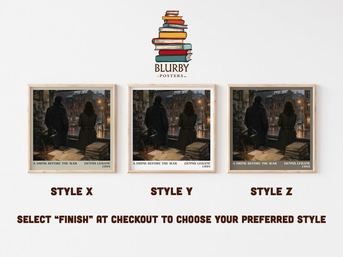 A Drink Before the War literary print in frame leaning in hallway – crime wall art (mockup)
