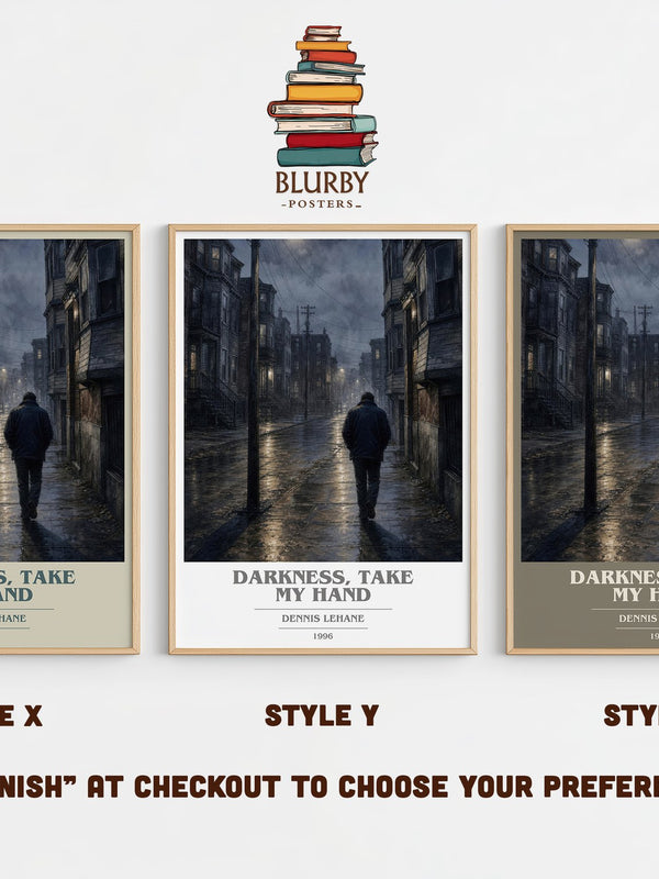 Darkness, Take My Hand book cover print in frame leaning in hallway – crime wall art