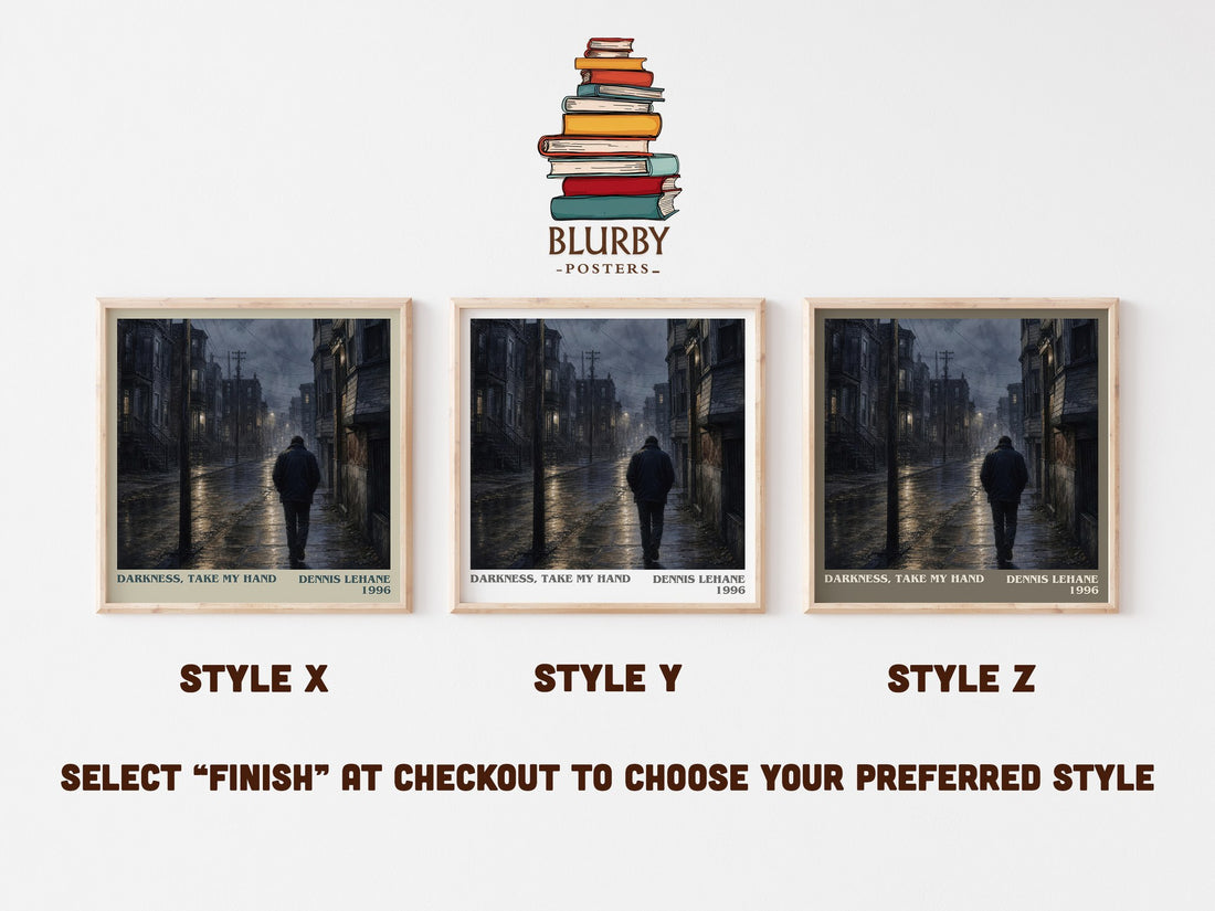 Darkness, Take My Hand literary print in frame leaning in hallway – crime wall art (mockup)