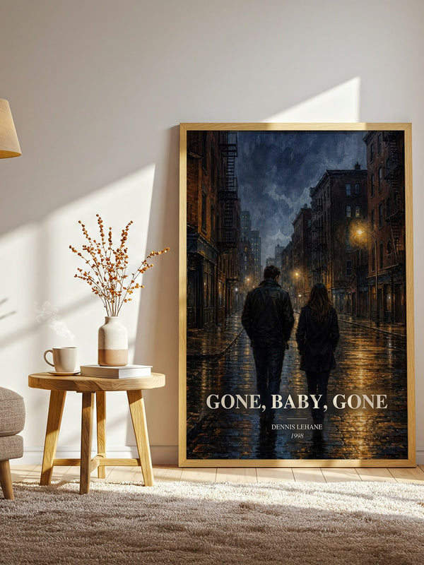 Gone, Baby, Gone watercolour print in frame leaning in hallway – crime wall art