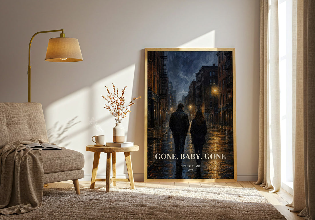 Gone, Baby, Gone watercolour print in frame leaning in hallway – crime wall art (mockup)