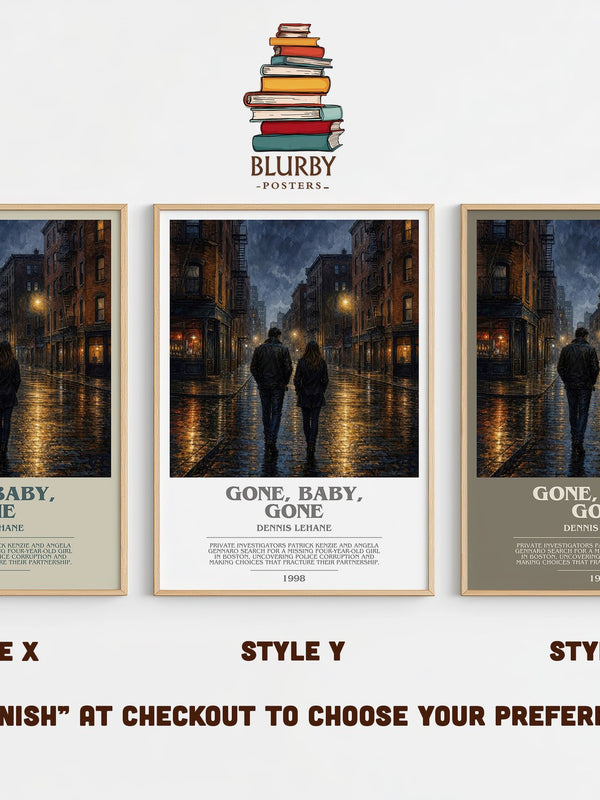 Gone, Baby, Gone bookish print in frame leaning in hallway – crime wall art