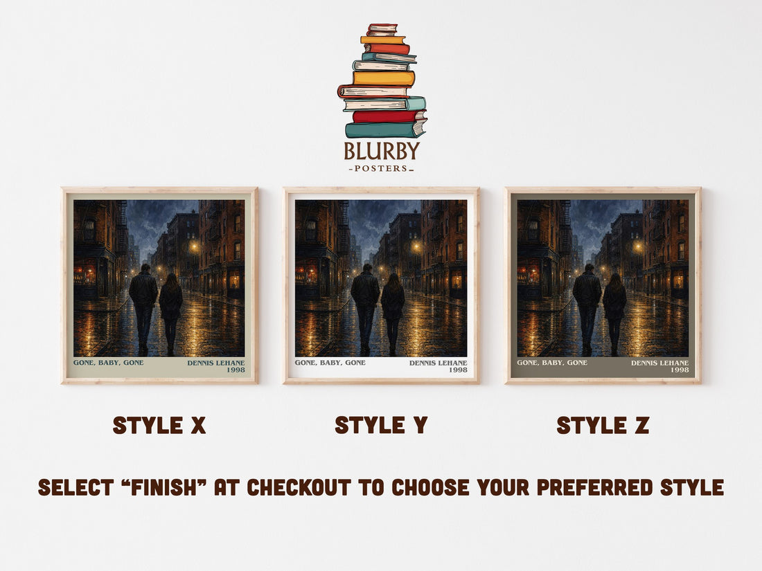 Gone, Baby, Gone literary print in frame leaning in hallway – crime wall art (mockup)