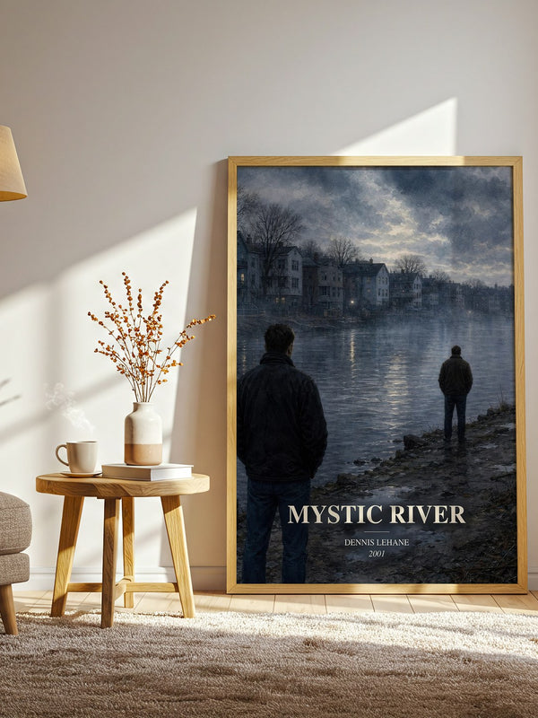 Mystic River watercolour print in frame leaning in hallway – crime wall art