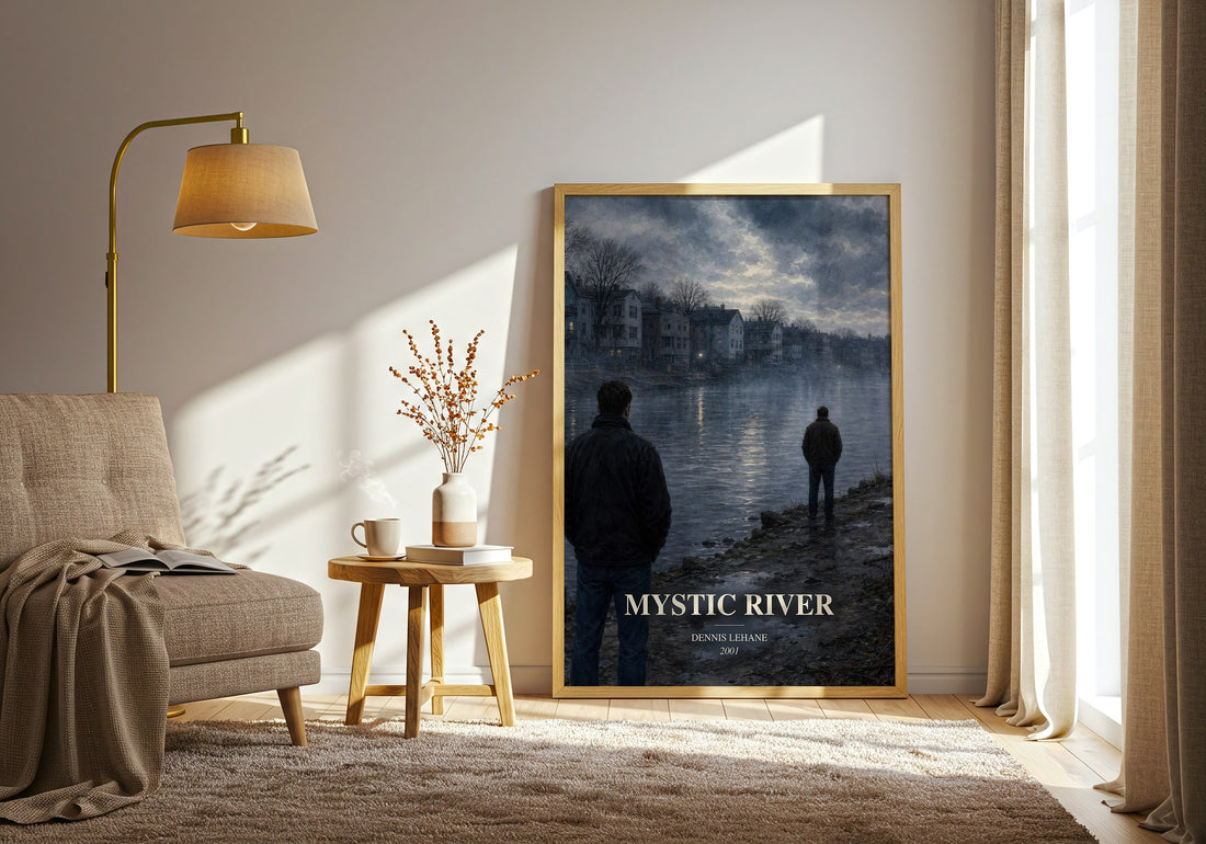 Mystic River watercolour print in frame leaning in hallway – crime wall art (mockup)