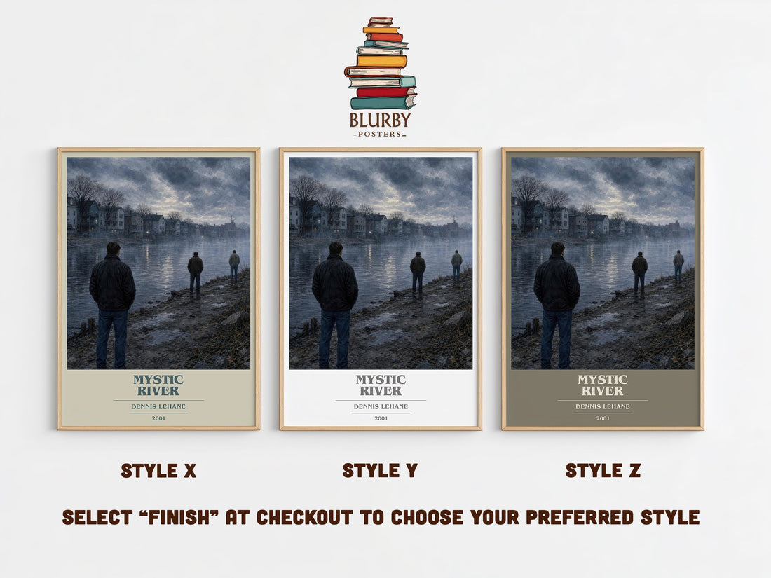 Mystic River book cover print in frame leaning in hallway – crime wall art (mockup)