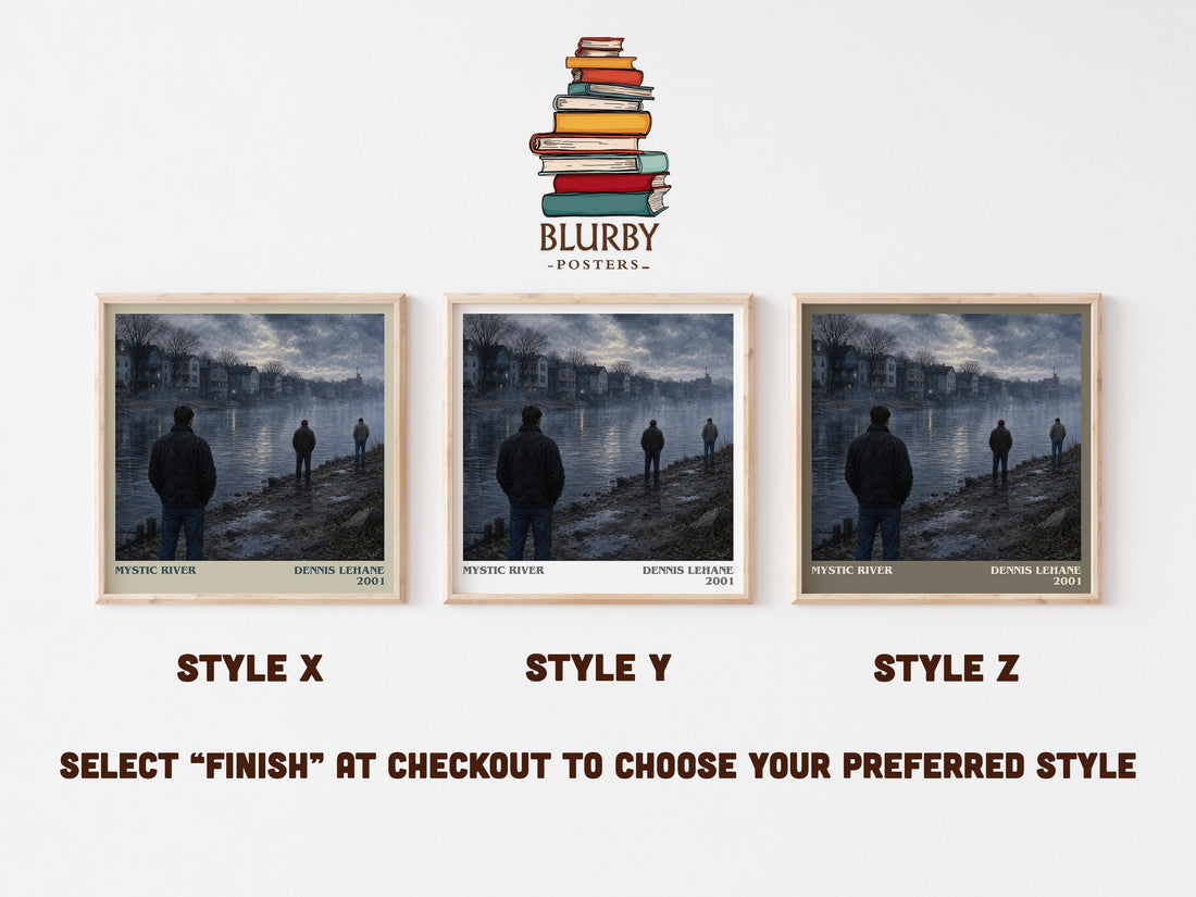 Mystic River literary print in frame leaning in hallway – crime wall art (mockup)