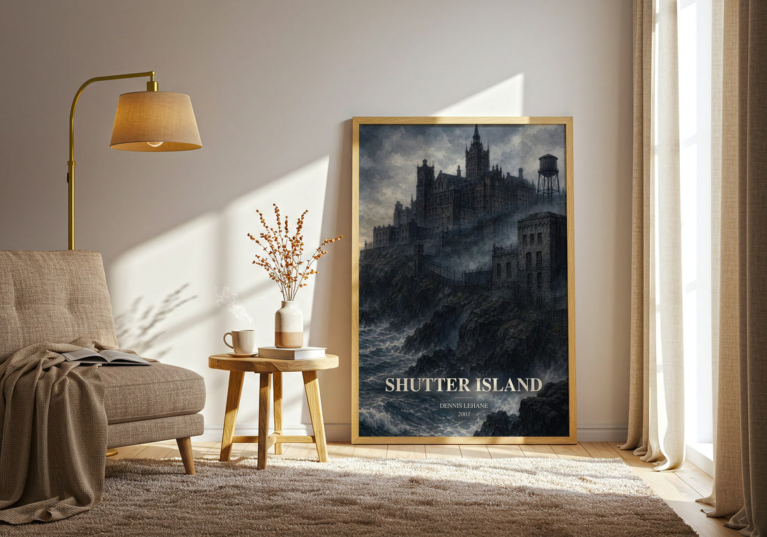 Shutter Island watercolour print in frame leaning in hallway – thriller wall art (mockup)
