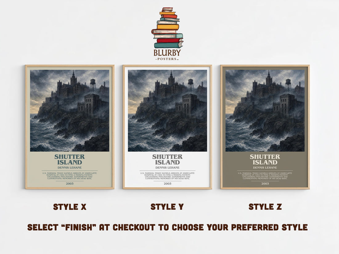Shutter Island bookish print in frame leaning in hallway – thriller wall art (mockup)