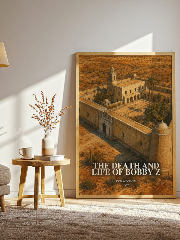 The Death and Life of Bobby Z watercolour print in frame leaning in hallway – crime wall art
