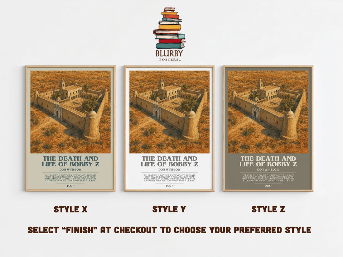 The Death and Life of Bobby Z bookish print in frame leaning in hallway – crime wall art (mockup)