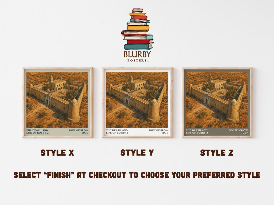 The Death and Life of Bobby Z literary print in frame leaning in hallway – crime wall art (mockup)