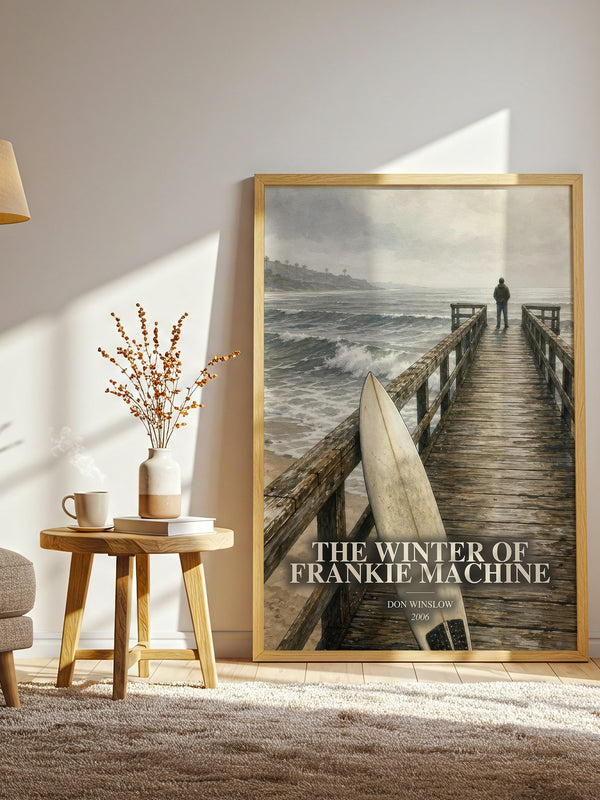 The Winter of Frankie Machine watercolour print in frame leaning in hallway – crime wall art