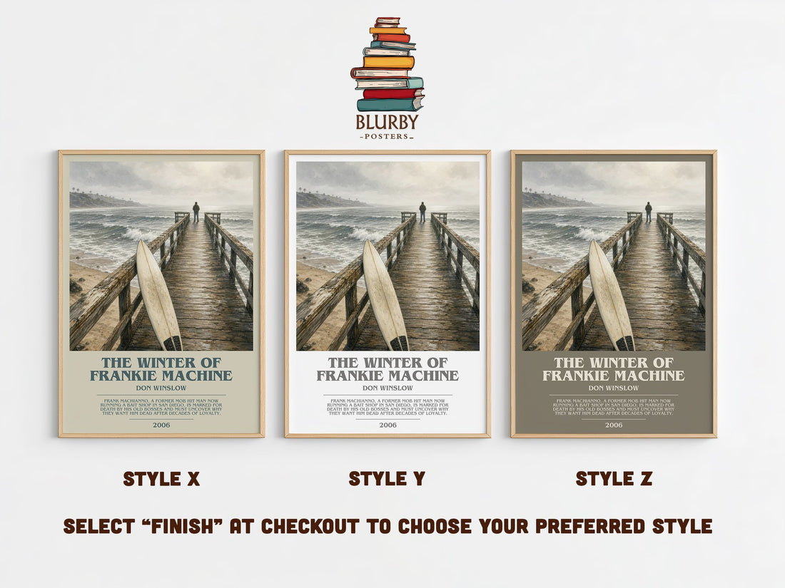 The Winter of Frankie Machine bookish print in frame leaning in hallway – crime wall art (mockup)