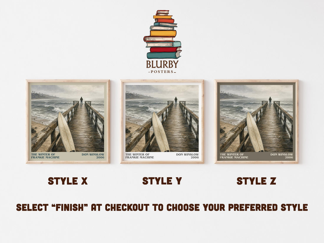 The Winter of Frankie Machine literary print in frame leaning in hallway – crime wall art (mockup)