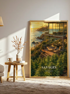 Savages watercolour print in frame leaning in hallway – crime wall art